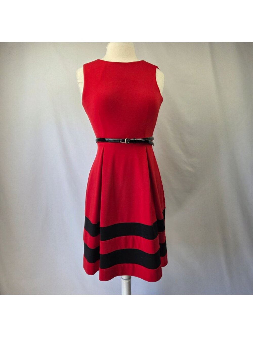 Calvin Klein Red & Black Striped Sleeveless A-Line Dress With Belt Size 4P - Picture 4 of 14